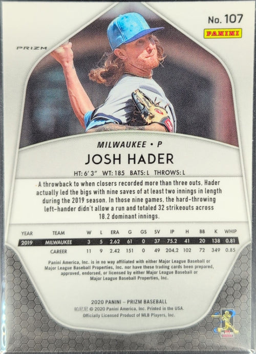 2020 Panini Prizm Josh Hader #107 Silver Prizm Milwaukee Brewers back