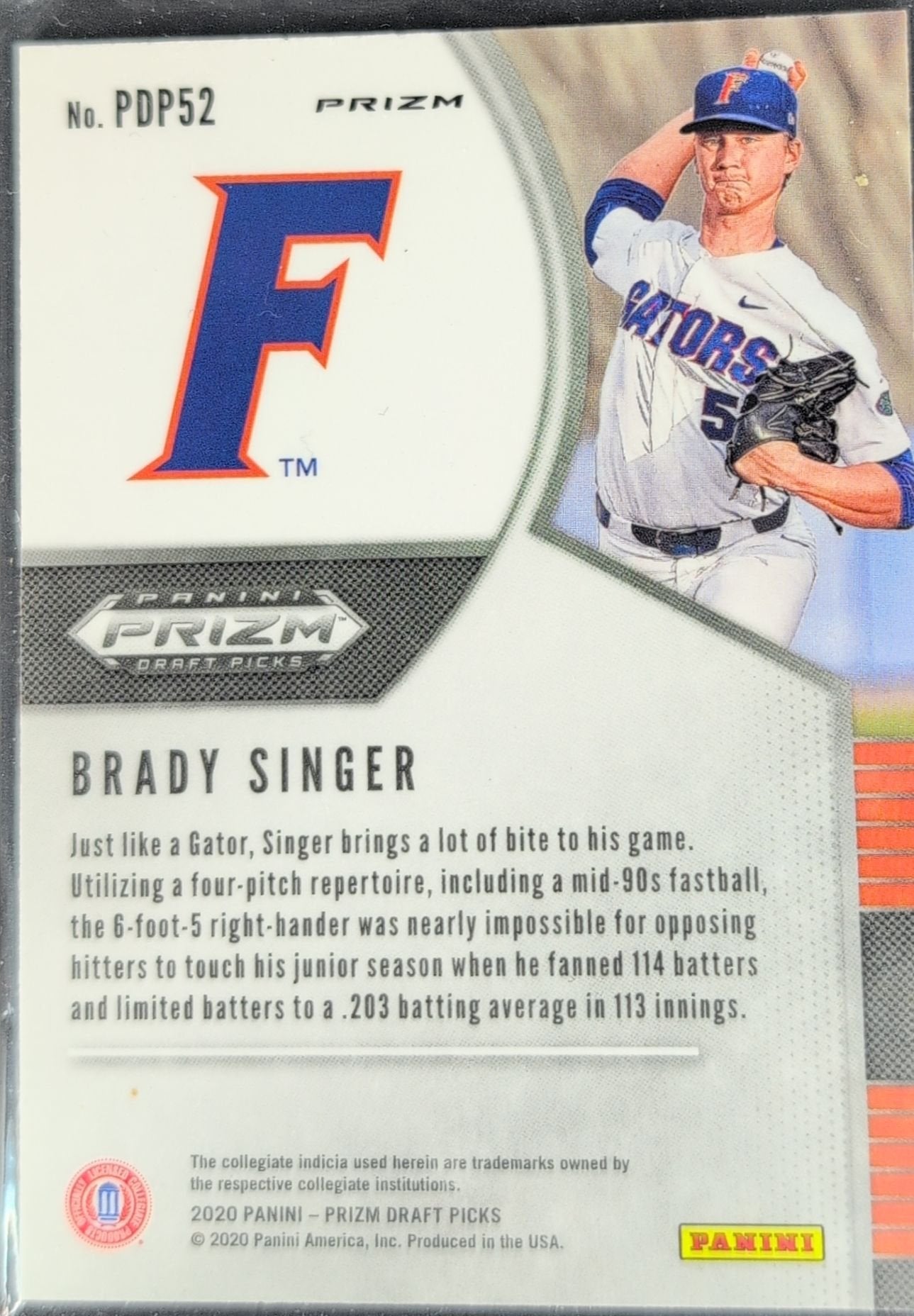 Brady Singer 2020 Panini Prizm Draft Picks #PDP52 Hyper Green and Yellow Florida Gators - back image