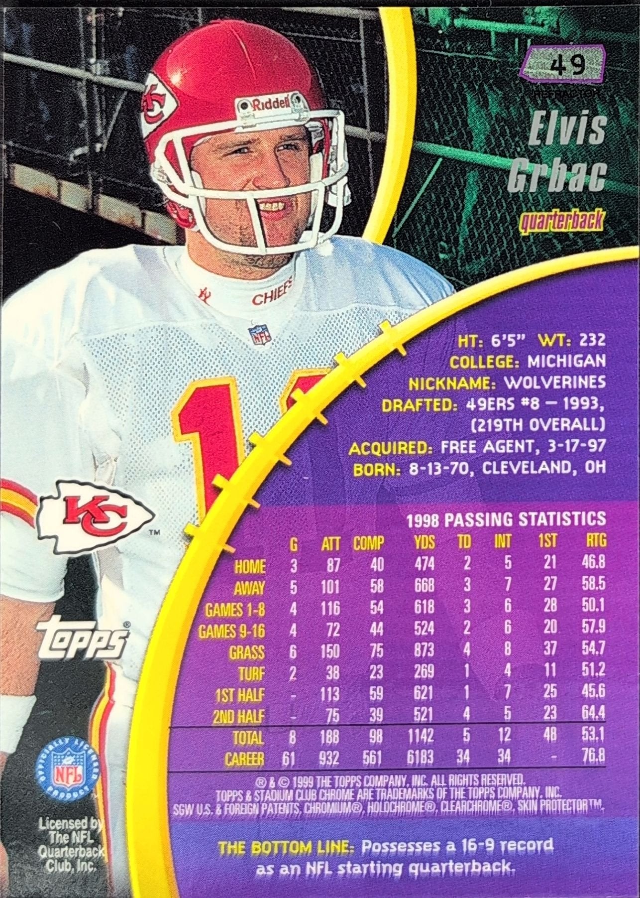 Elvis Grbac 1999 Stadium Club Chrome #49 Refractors Kansas City Chiefs - back image
