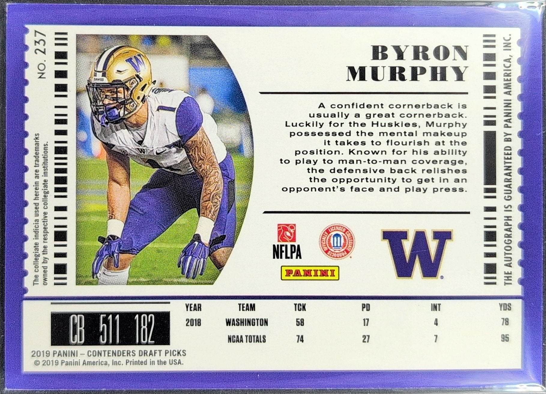 Byron Murphy 2019 Panini Contenders Draft Picks Collegiate #237 Washington Huskies - back image