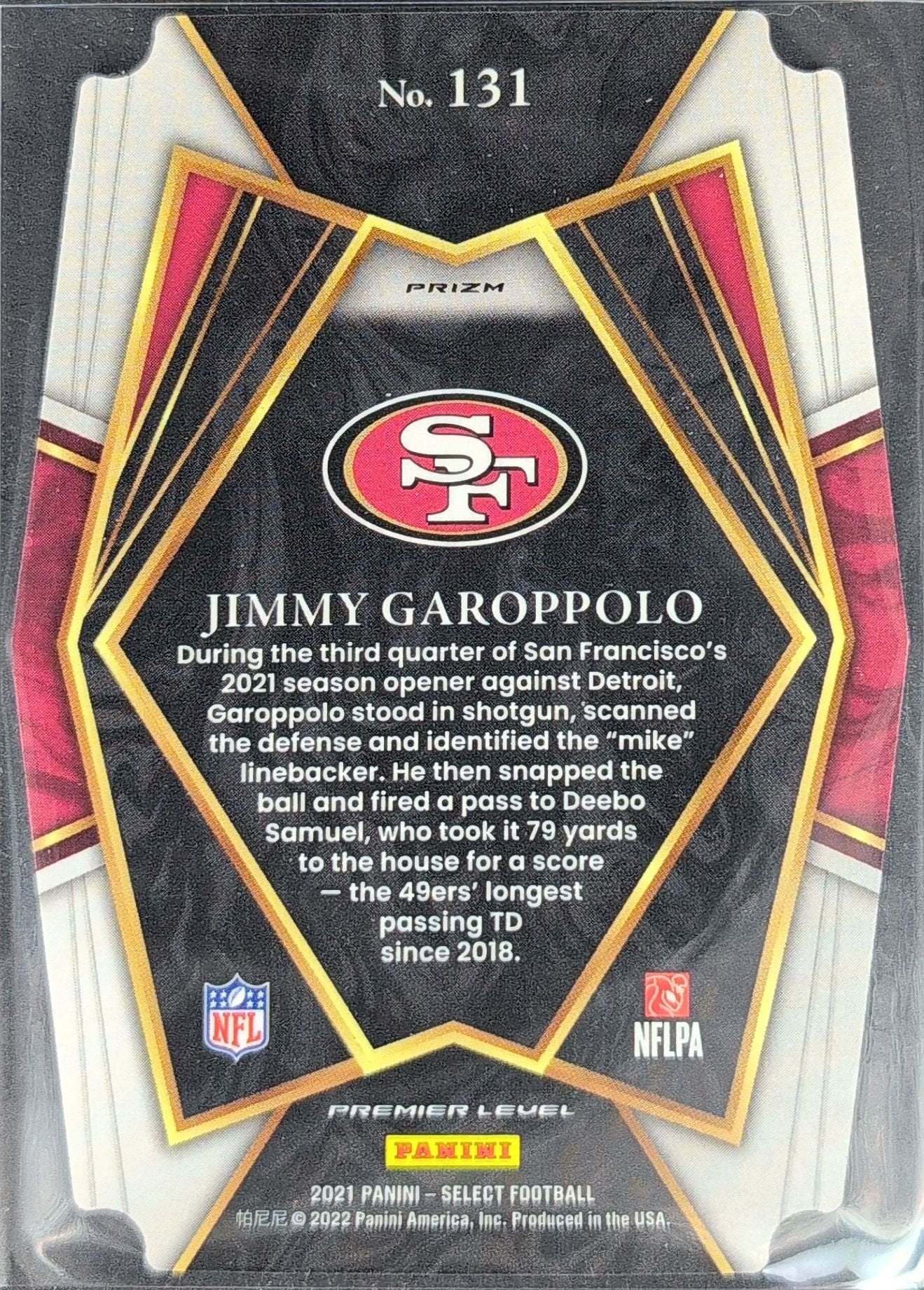 Jimmy Garoppolo 2021 Panini Select #131 Red and Blue Prizm Die Cut San Francisco 49ers - back image