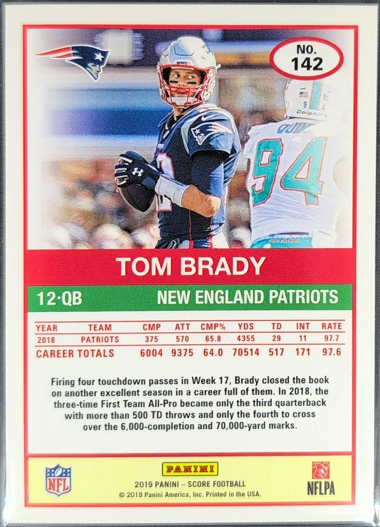Tom Brady 2019 Score #142 New England Patriots - back image
