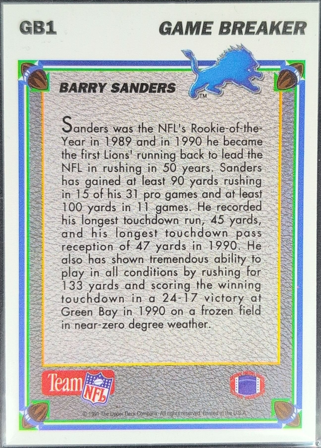Barry Sanders 1991 Upper Deck #GB1 Game Breakers Detroit Lions - back image