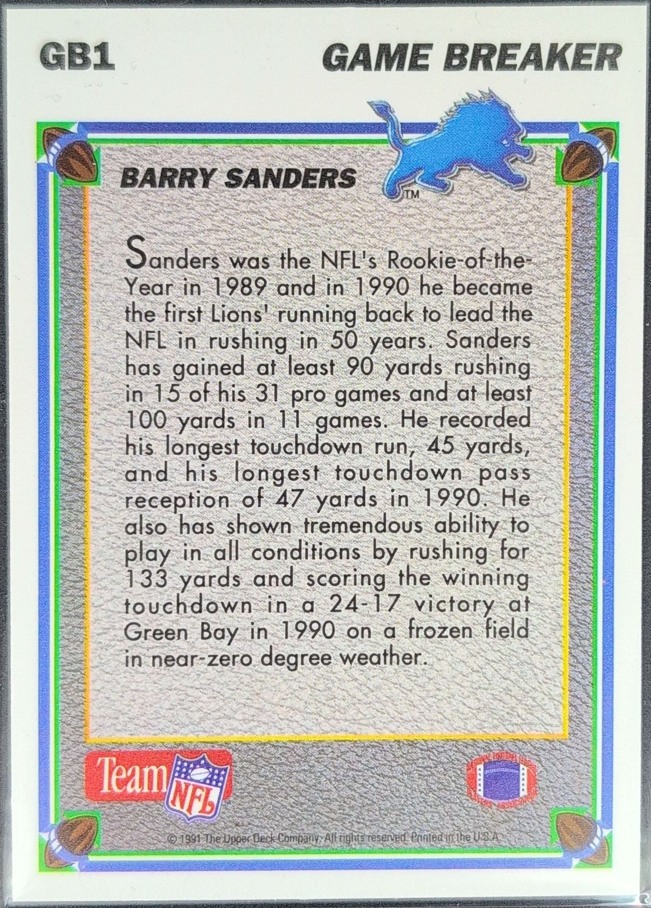 1991 Upper Deck Barry Sanders #GB1 Game Breakers Detroit Lions back