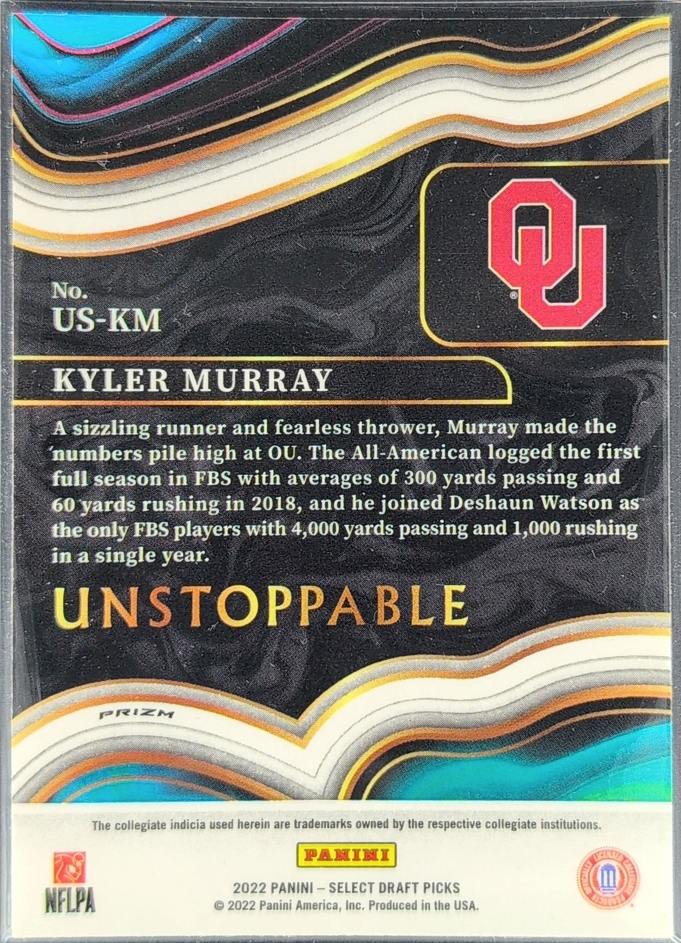 Kyler Murray 2022 Panini Select Draft Picks #US-KM Unstoppable Silver Prizm Oklahoma Sooners - back image