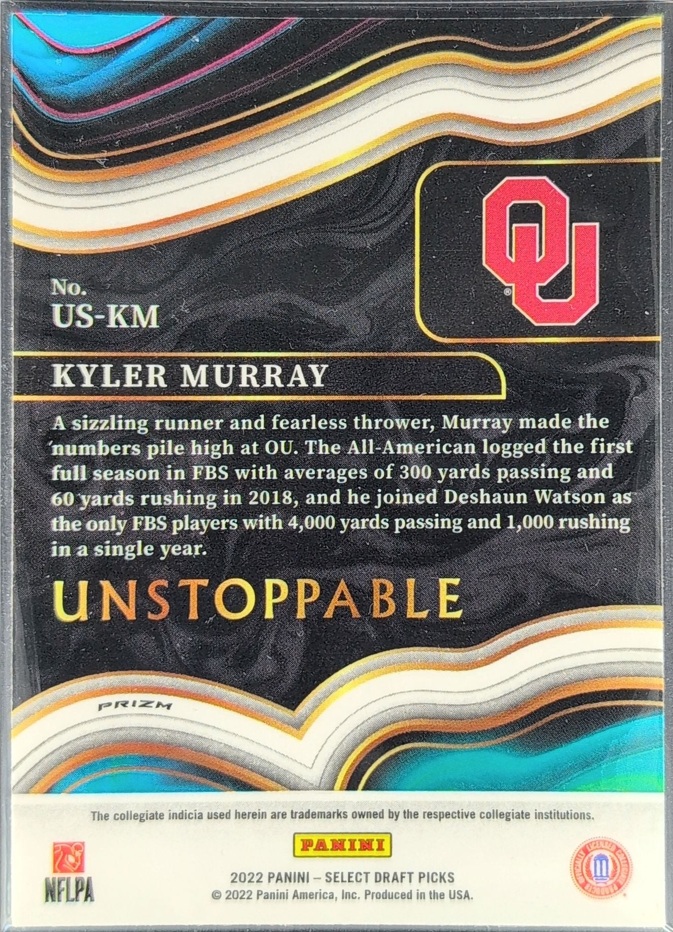 2022 Panini Select Draft Picks Kyler Murray #US-KM Unstoppable Silver Prizm Oklahoma Sooners back