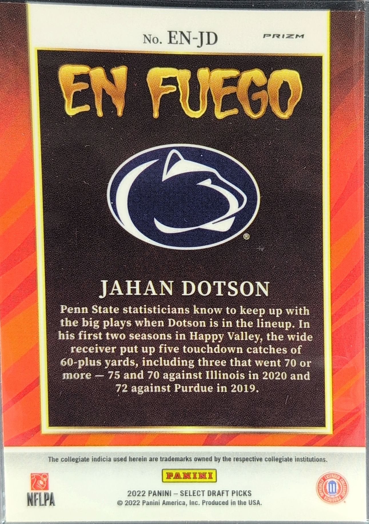 Jahan Dotson 2022 Panini Select Draft Picks #EN-JD En Fuego Silver Prizm Penn State Nittany Lions - back image