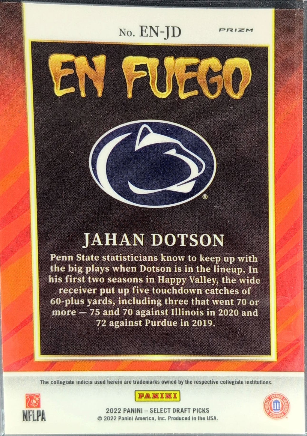 2022 Panini Select Draft Picks Jahan Dotson #EN-JD En Fuego Silver Prizm Penn State Nittany Lions back