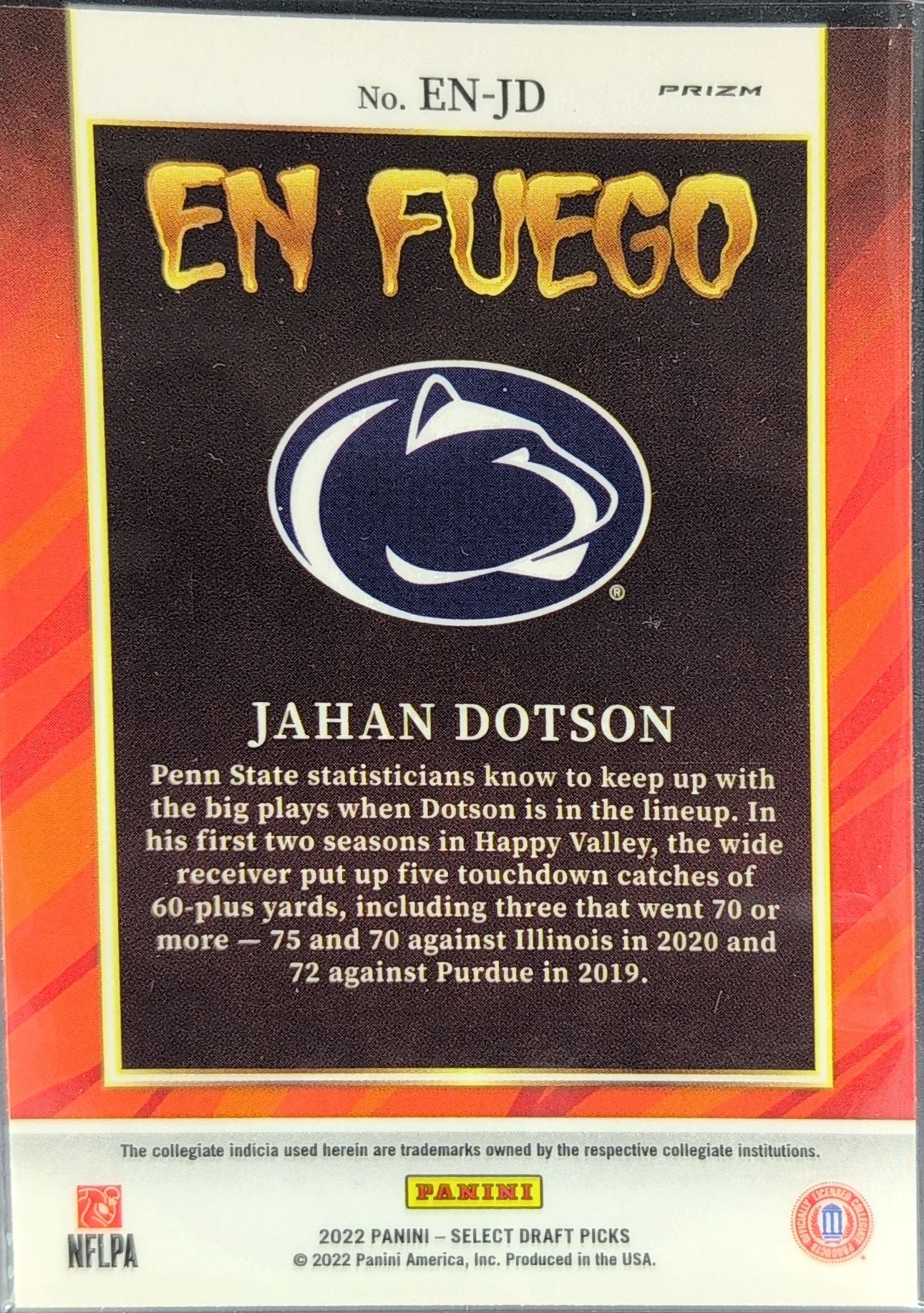2022 Panini Select Draft Picks Jahan Dotson #EN-JD En Fuego Silver Prizm Penn State Nittany Lions back
