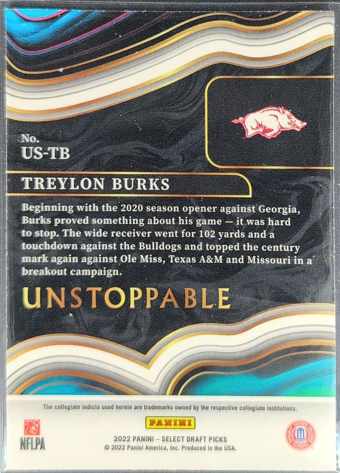 Treylon Burks 2022 Panini Select Draft Picks #US-TB Unstoppable Silver Prizm Arkansas Razorbacks - back image