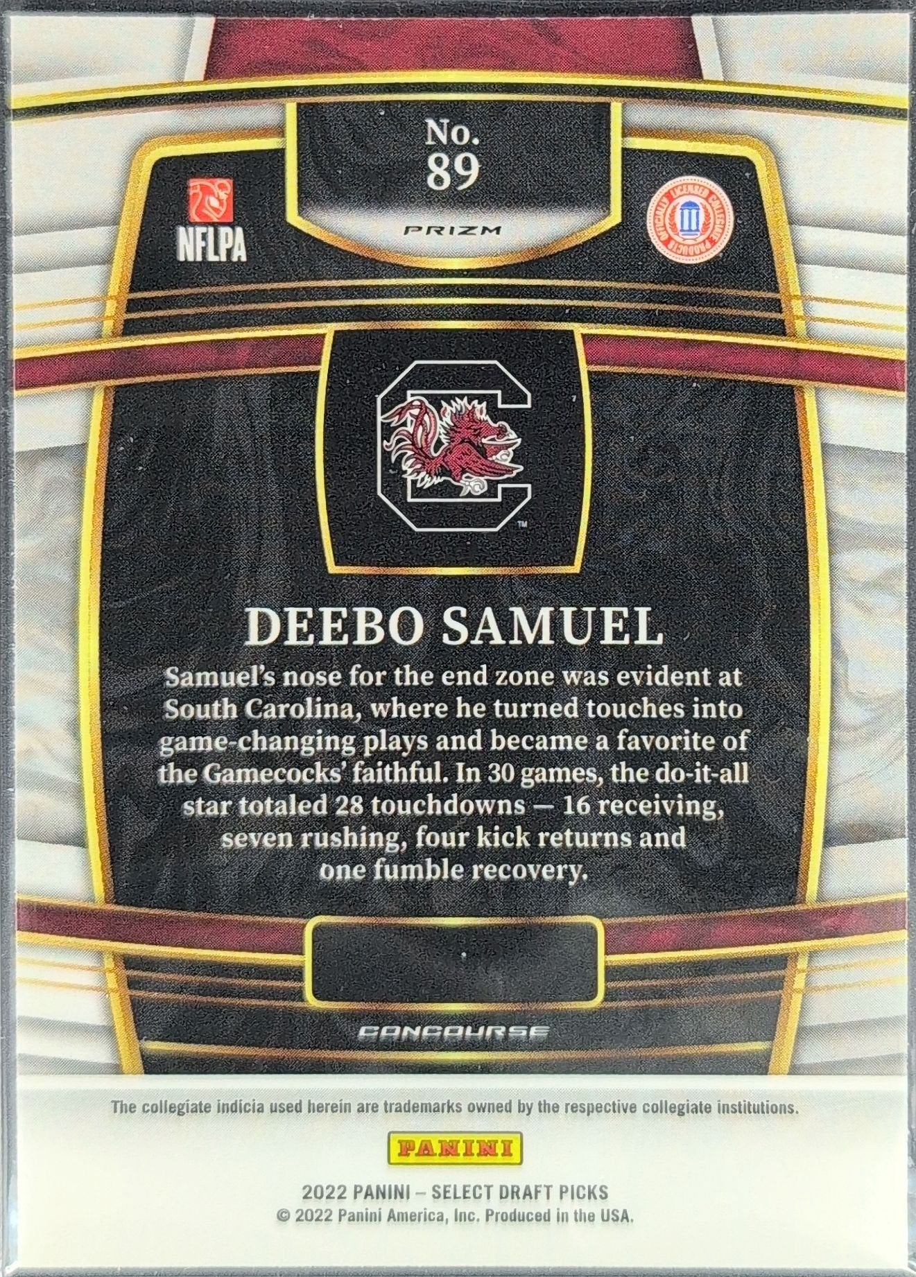 Deebo Samuel 2022 Panini Select Draft Picks #89 Silver Prizm South Carolina Gamecocks - back image