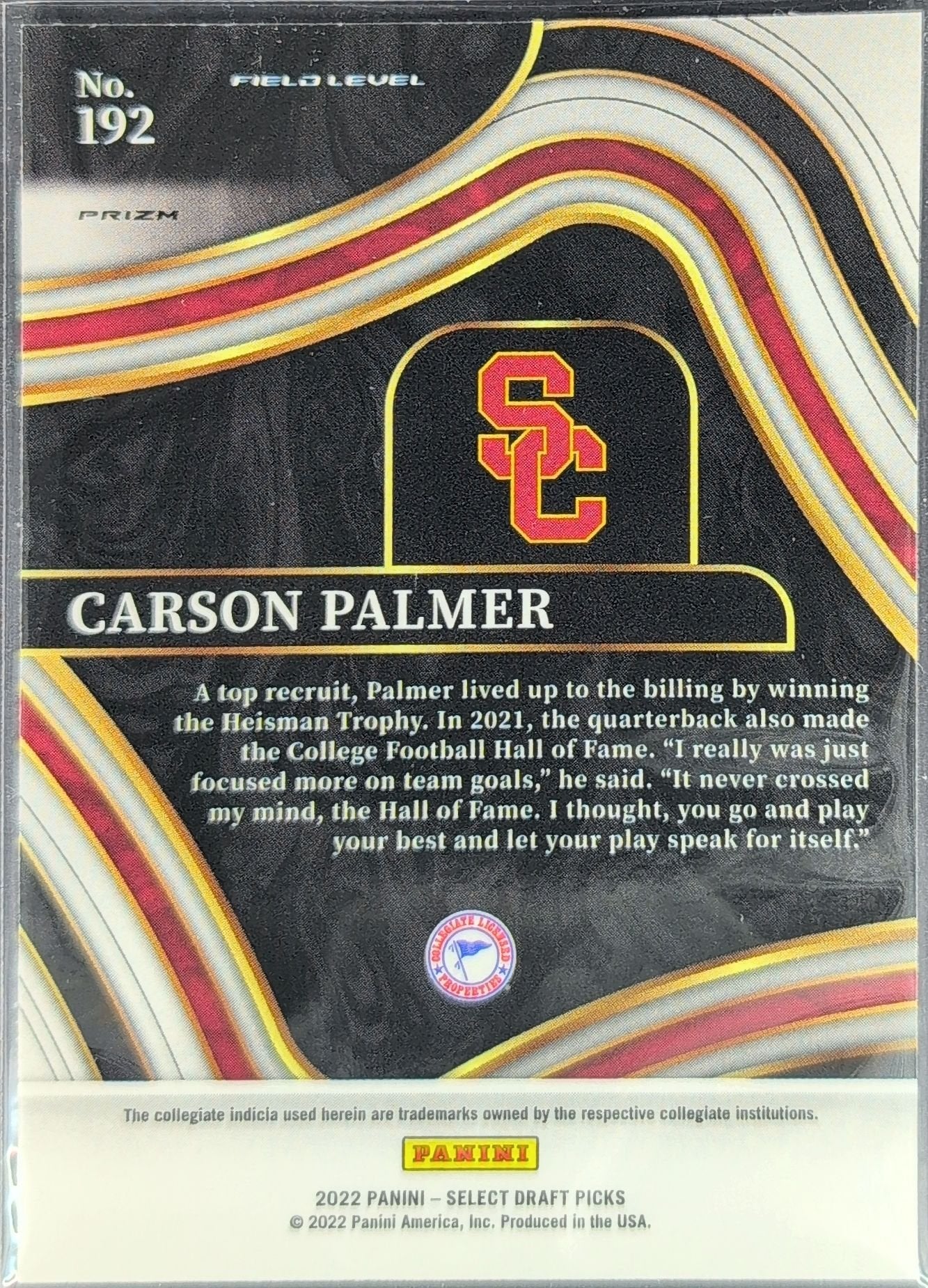 Carson Palmer 2022 Panini Select Draft Picks #192 Red Lazer Prizm USC Trojans - back image