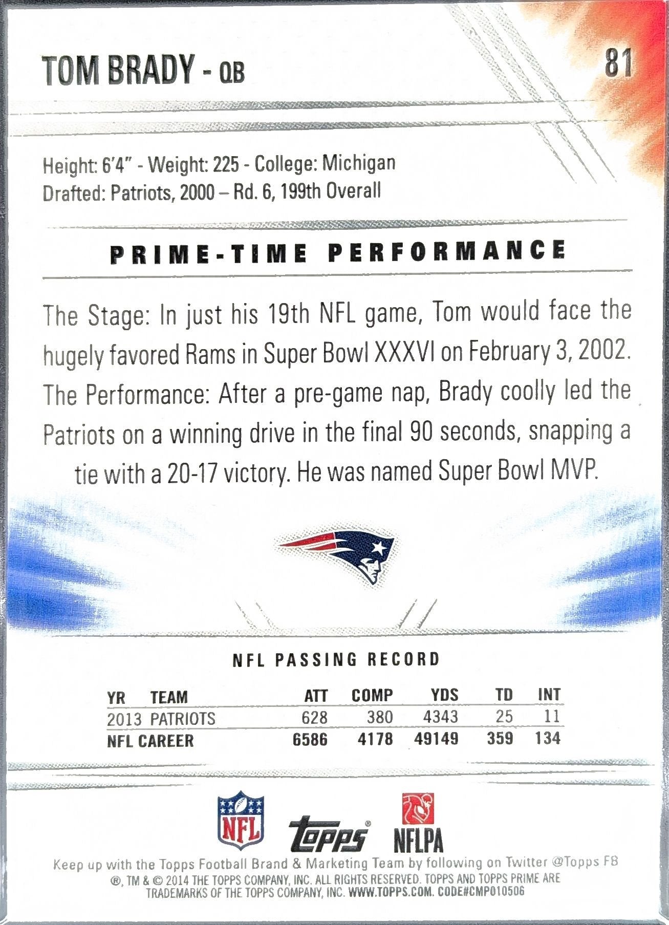 Tom Brady 2014 Topps Prime #81a New England Patriots - back image