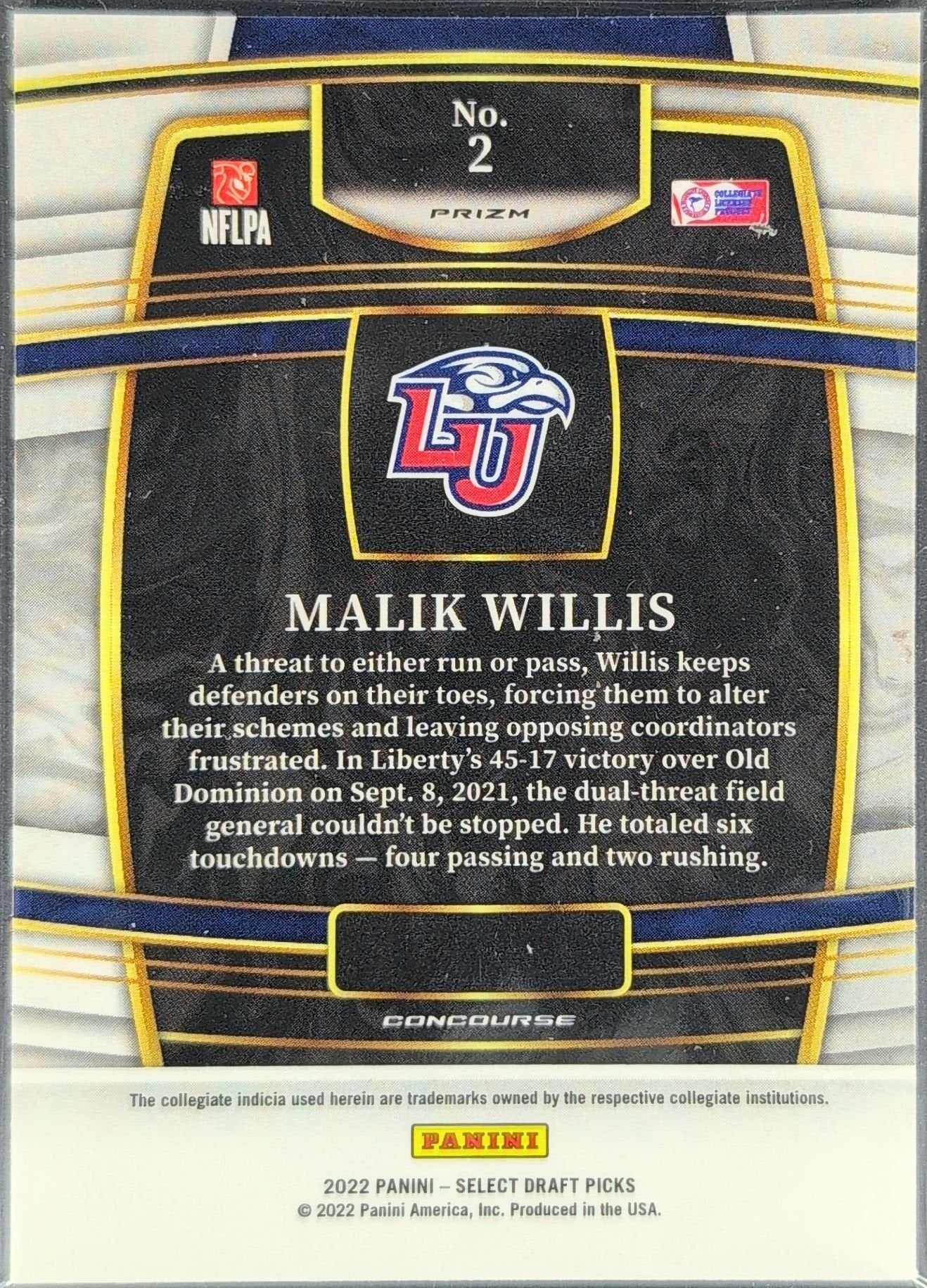 Malik Willis 2022 Panini Select Draft Picks #2 Light Blue Lazer Prizm Liberty Flames - back image