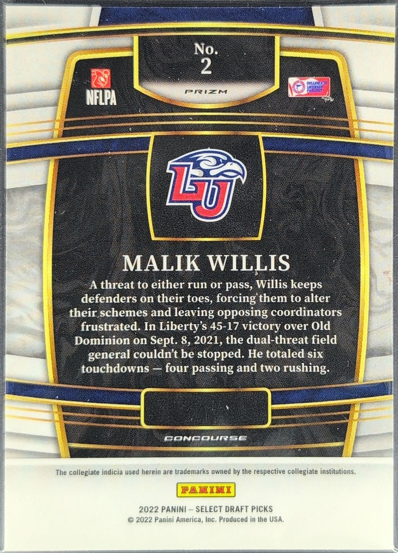 2022 Panini Select Draft Picks Malik Willis #2 Light Blue Lazer Prizm Liberty Flames back