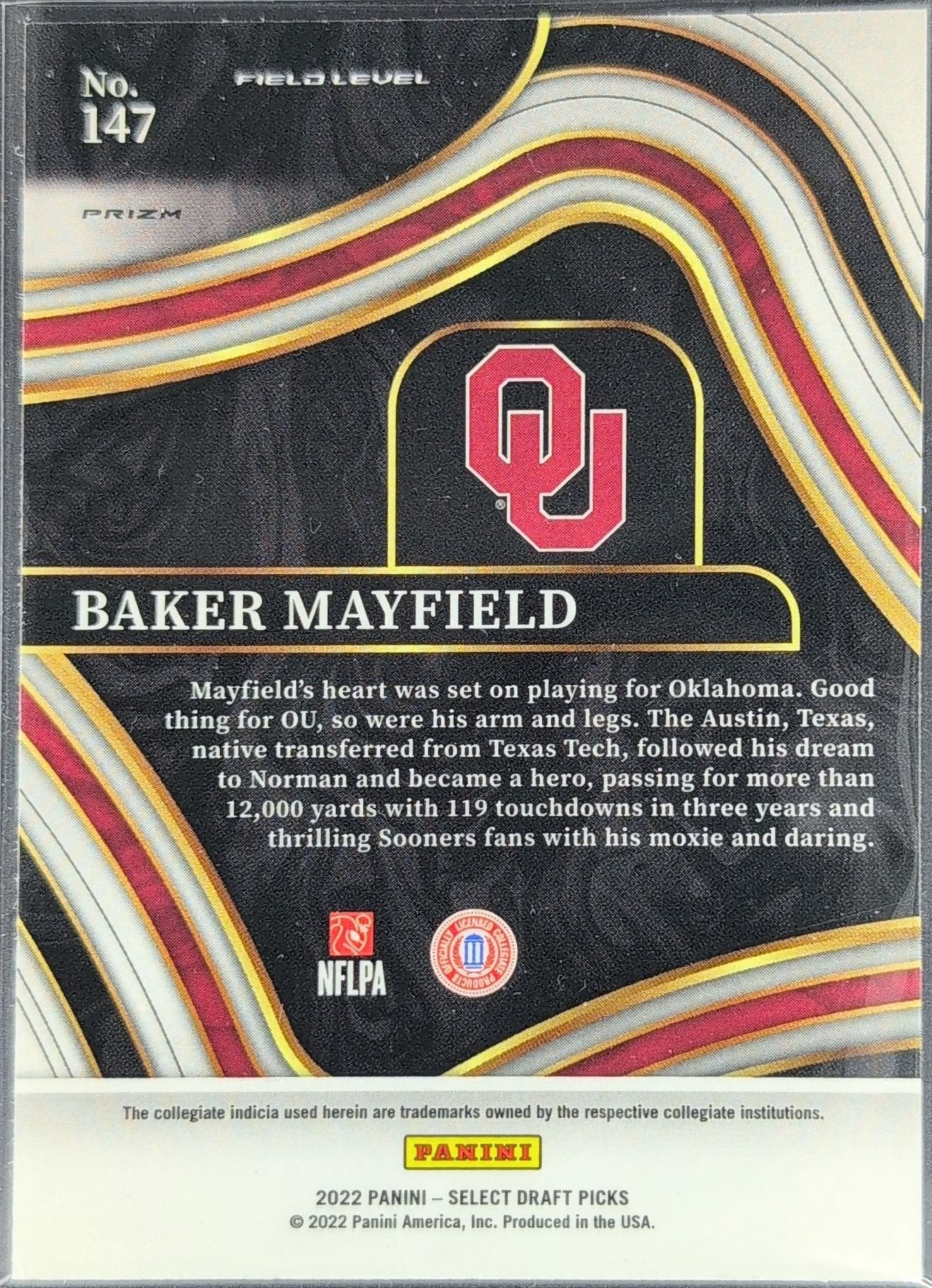 Baker Mayfield 2022 Panini Select Draft Picks #147 Red Lazer Prizm Oklahoma Sooners - back image