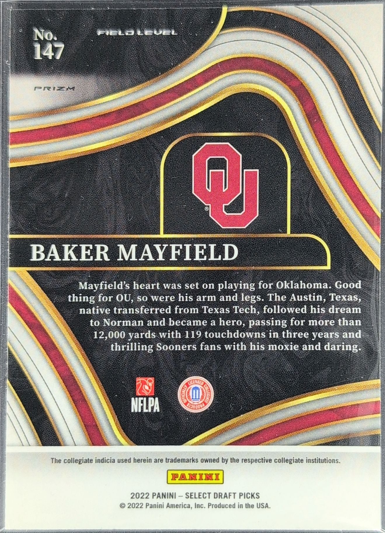 2022 Panini Select Draft Picks Baker Mayfield #147 Red Lazer Prizm Oklahoma Sooners back