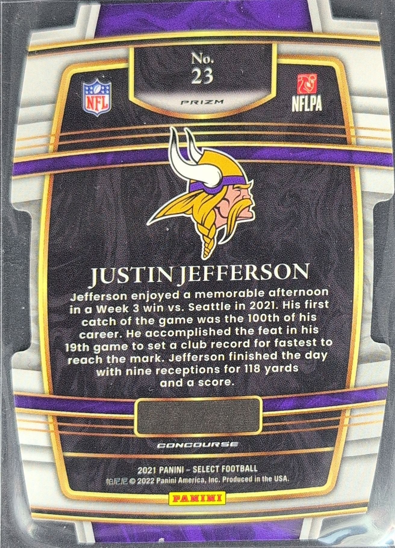 Justin Jefferson 2021 Panini Select #23 Black and Gold Prizm Die Cut Minnesota Vikings - back image