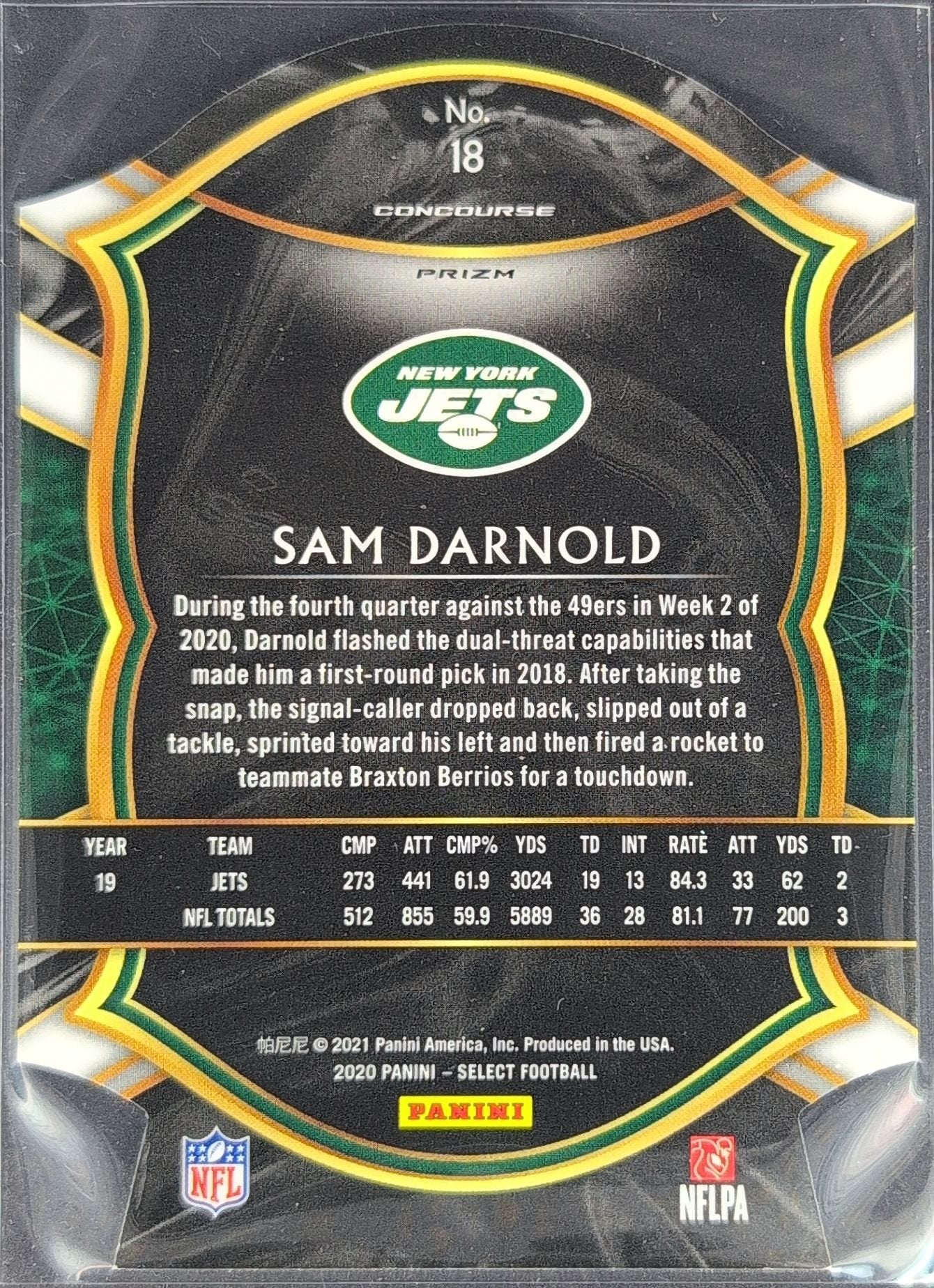 Sam Darnold 2020 Panini Select #18 White Prizm Die Cut New York Jets - back image