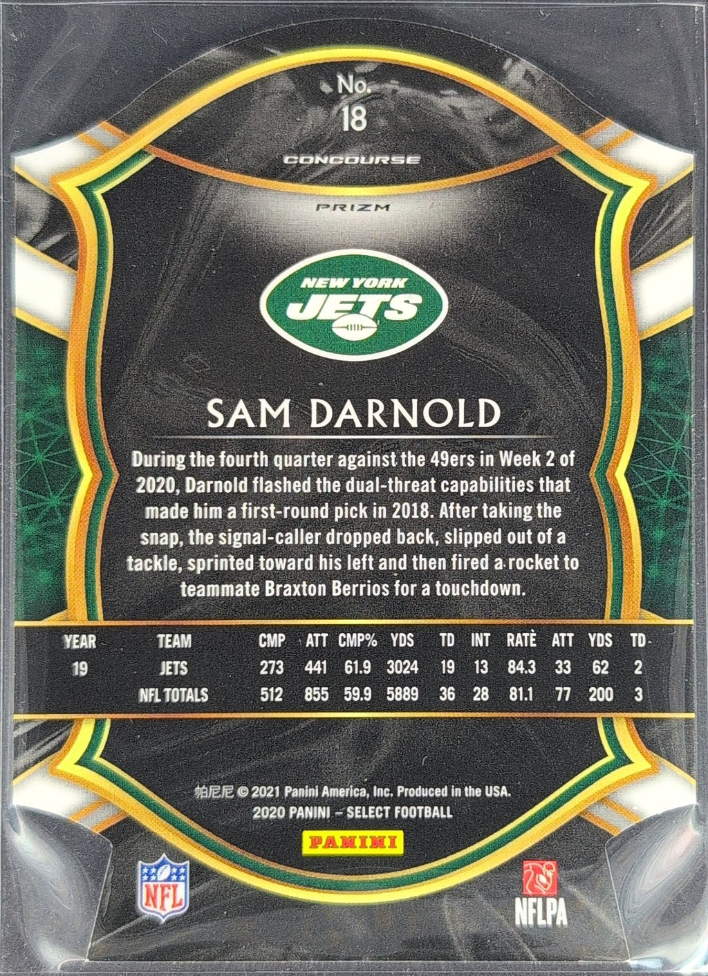 2020 Panini Select Sam Darnold #18 Light Blue Prizm Die Cut New York Jets back