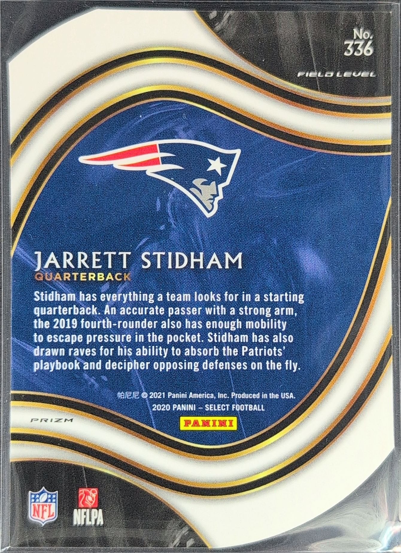 Jarrett Stidham 2020 Panini Select #336 Blue Prizm Die Cut New England Patriots - back image