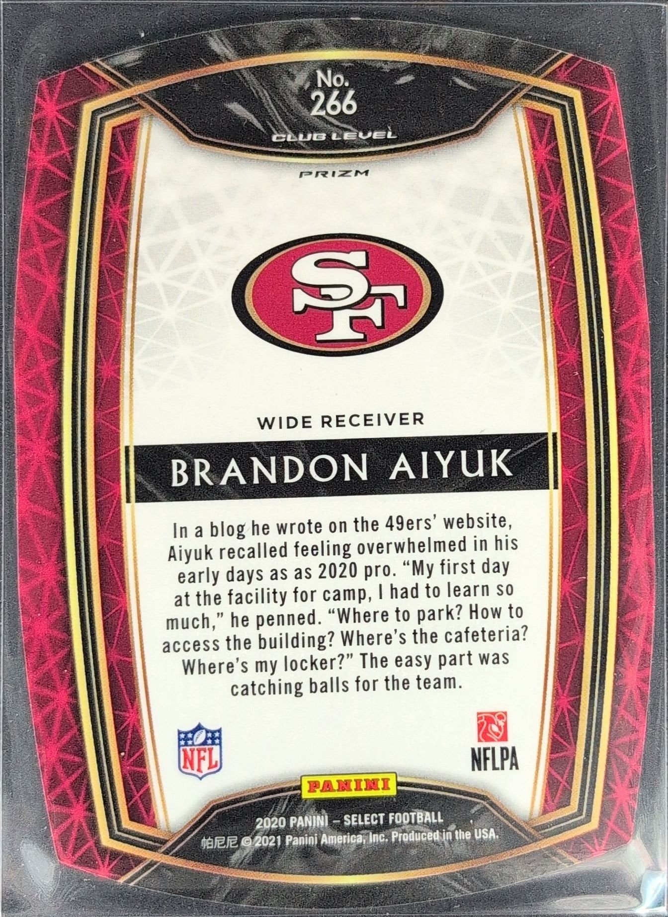 Brandon Aiyuk 2020 Panini Select #266 Blue Prizm Die Cut Rookie RC San Francisco 49ers - back image