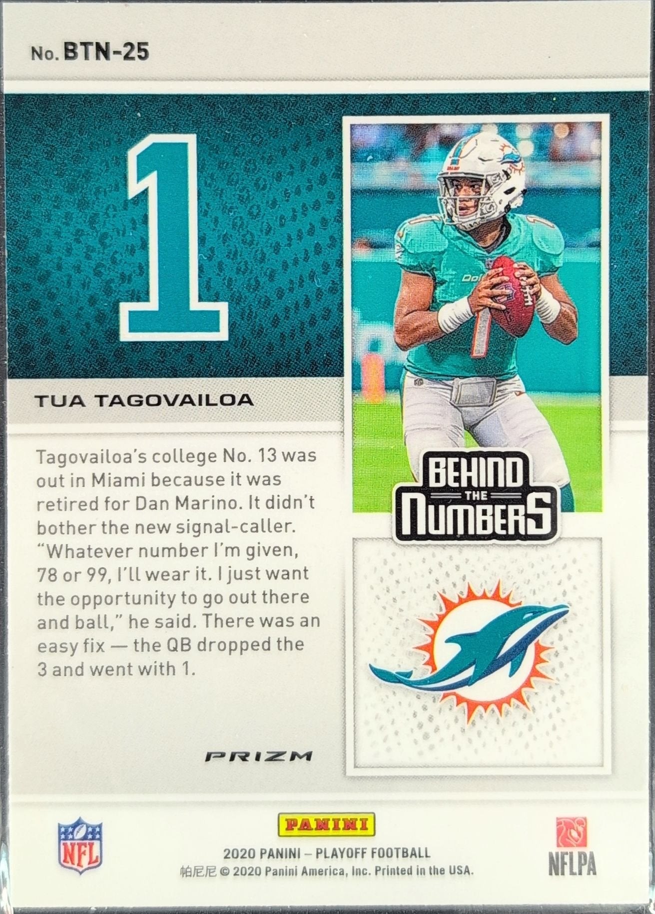 Tua Tagovailoa 2020 Panini Playoff #BTN-25 Behind the Numbers Blue Miami Dolphins - back image