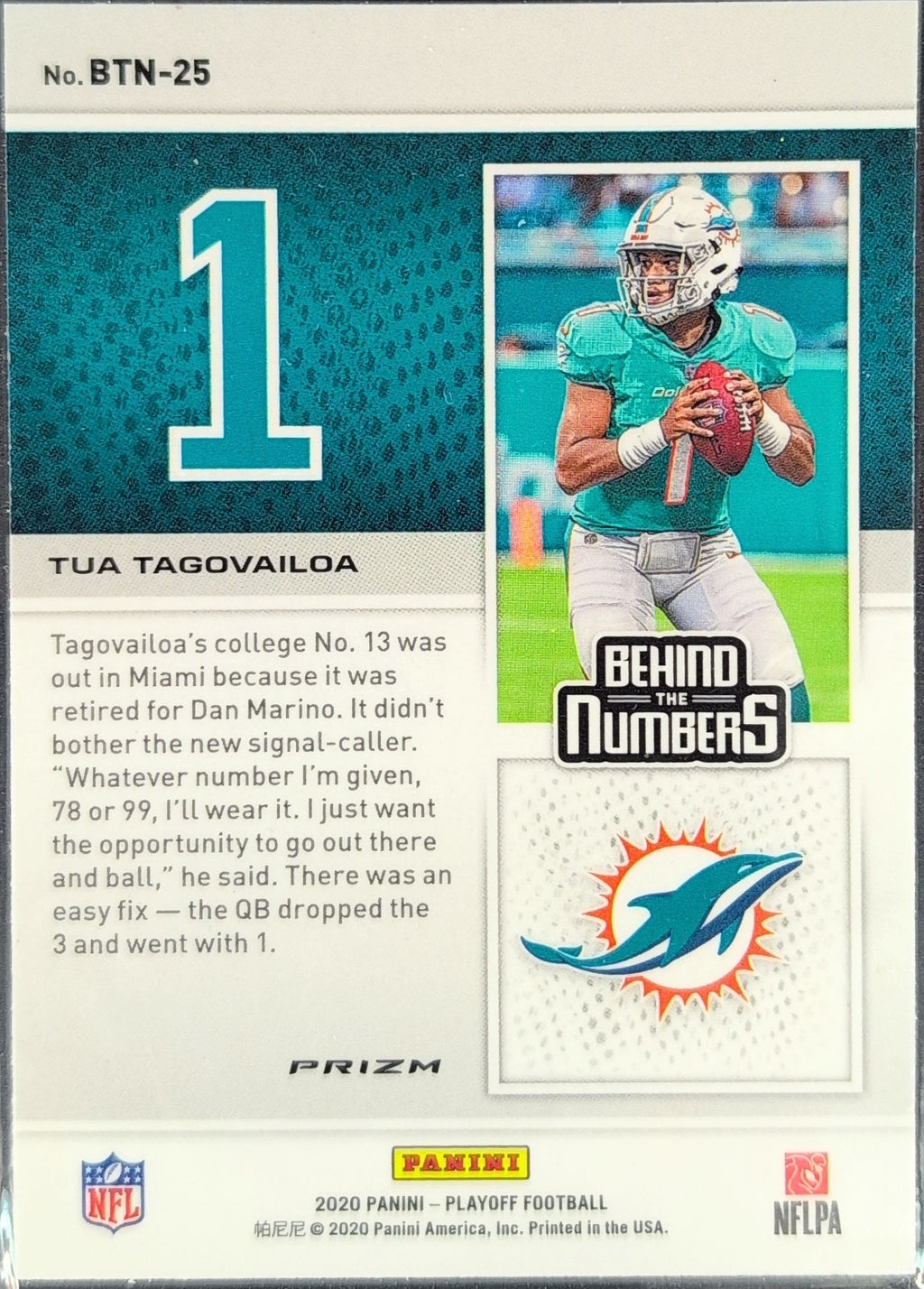 2020 Panini Playoff Tua Tagovailoa #BTN-25 Behind the Numbers Blue Miami Dolphins back