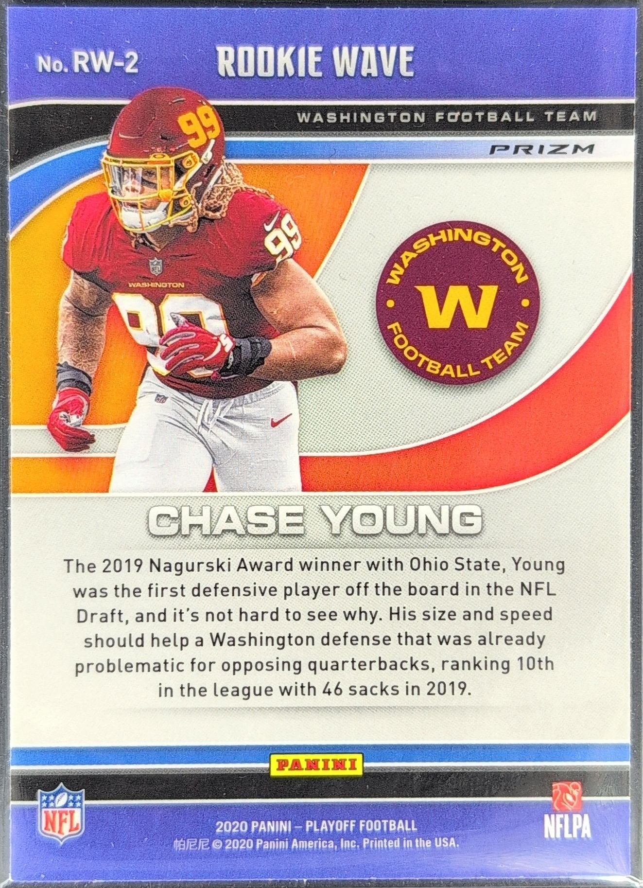 Chase Young 2020 Panini Playoff #RW-2 Rookie Wave Silver Washington Redskins - back image