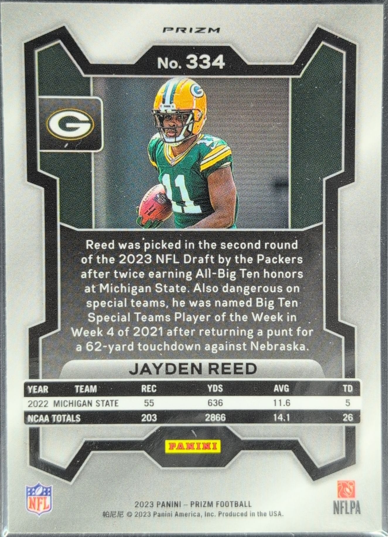 Jayden Reed 2023 Panini Prizm #334 Orange Lazer Green Bay Packers - back image