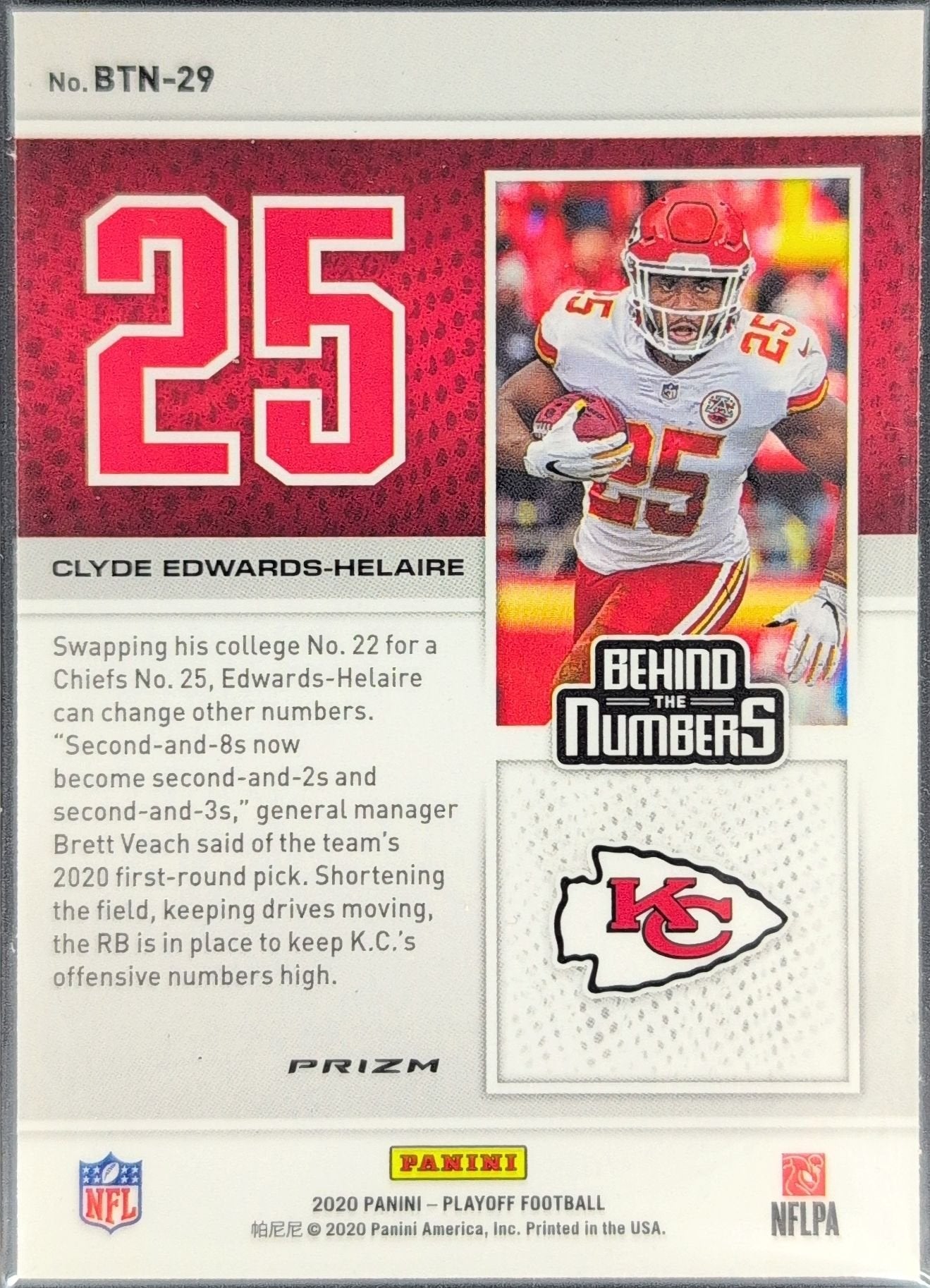 Clyde Edwards-Helaire 2020 Panini Playoff #BTN-29 Behind the Numbers Red Kansas City Chiefs - back image