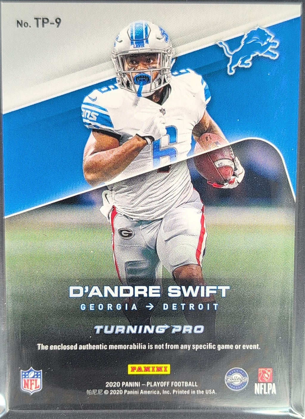 D'Andre Swift 2020 Panini Playoff #TP-9 Turning Pro Memorabilia Detroit Lions - back image