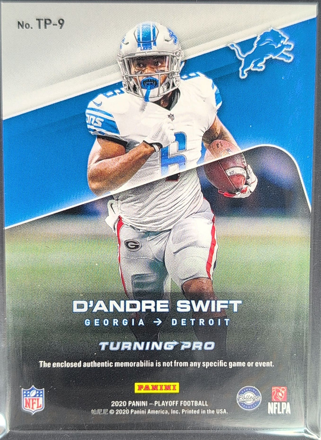 2020 Panini Playoff D'Andre Swift #TP-9 Turning Pro Memorabilia Detroit Lions back