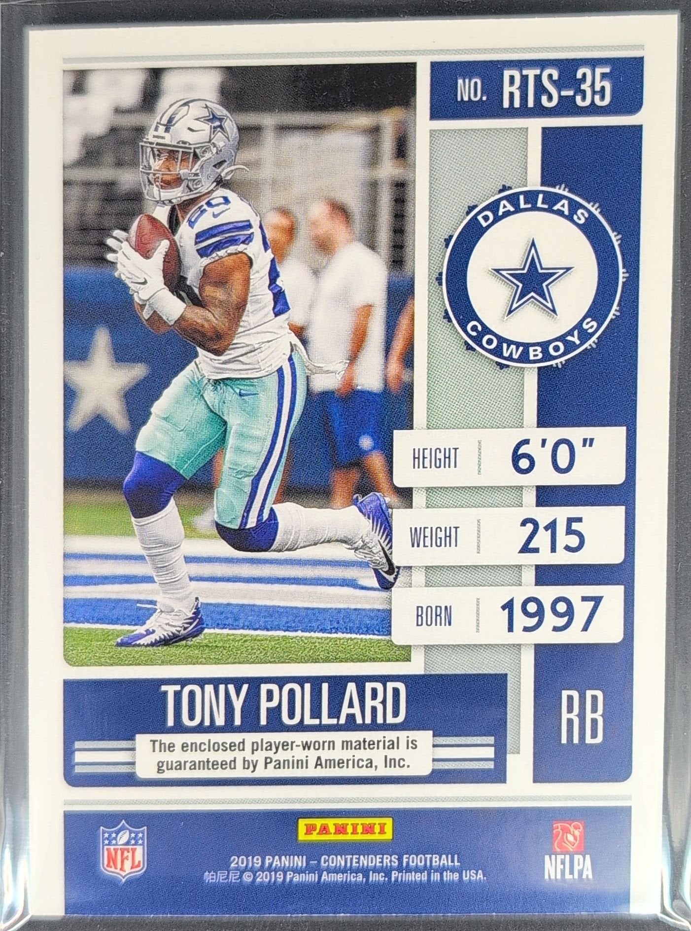 Tony Pollard 2019 Panini Contenders #RTS-35 Rookie Ticket Swatches Dallas Cowboys - back image