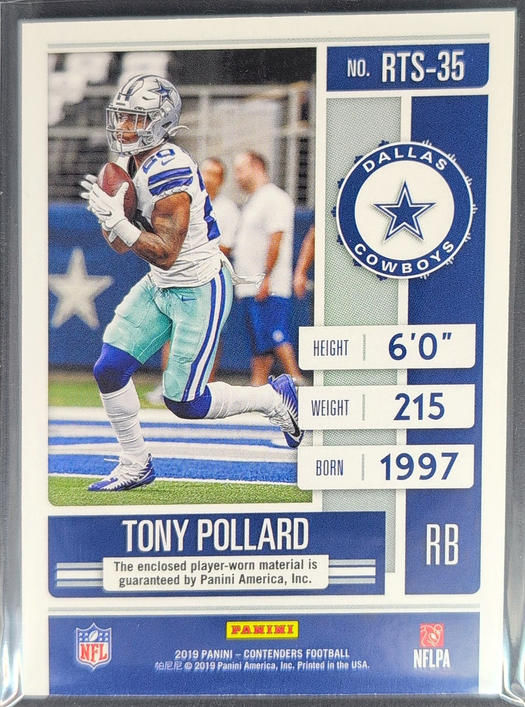 2019 Panini Contenders Tony Pollard #RTS-35 Rookie Ticket Swatches MEM Dallas Cowboys back