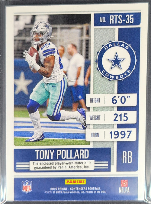 2019 Panini Contenders Tony Pollard #RTS-35 Rookie Ticket Swatches MEM Dallas Cowboys back