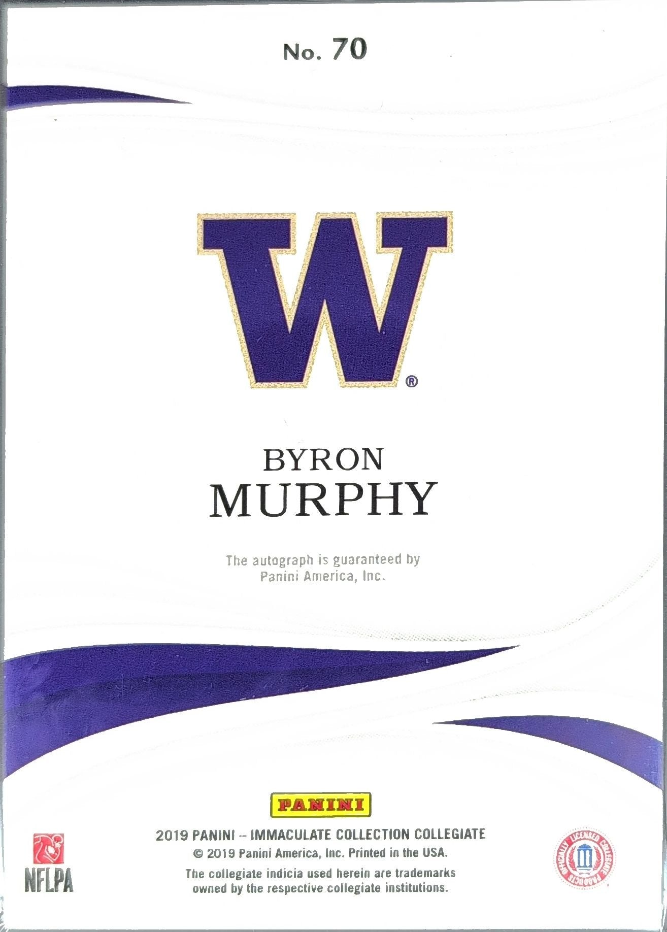 Byron Murphy 2019 Panini Immaculate Collection Collegiate #70 Washington Huskies - back image