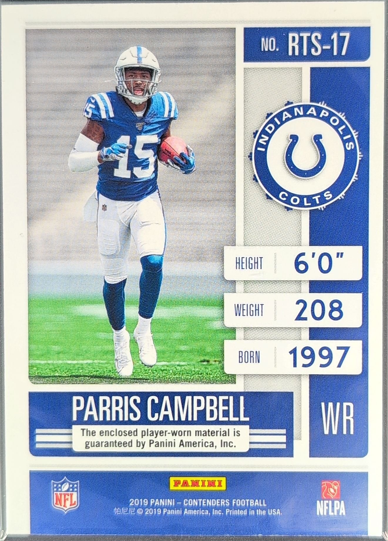 Parris Campbell 2019 Panini Contenders #RTS-17 Rookie Ticket Swatches Indianapolis Colts - back image