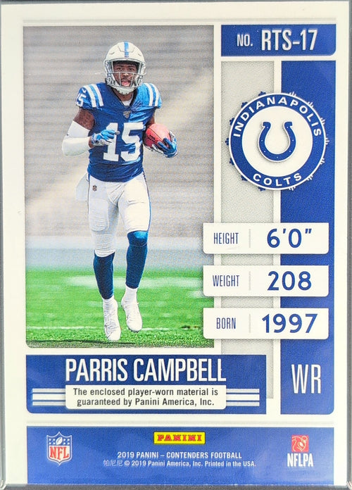 2019 Panini Contenders Parris Campbell #RTS-17 Rookie Ticket Swatches MEM Indianapolis Colts back