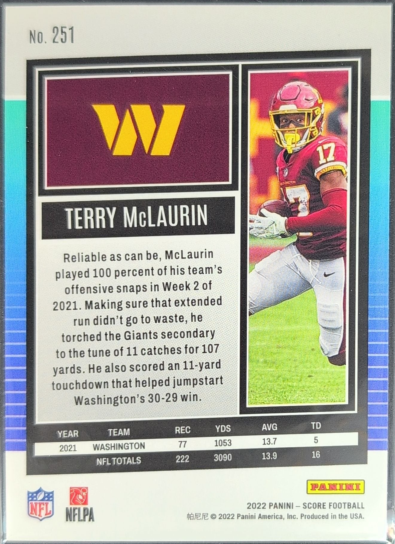 Terry McLaurin 2022 Score #251 Scorecard Washington Commanders - back image