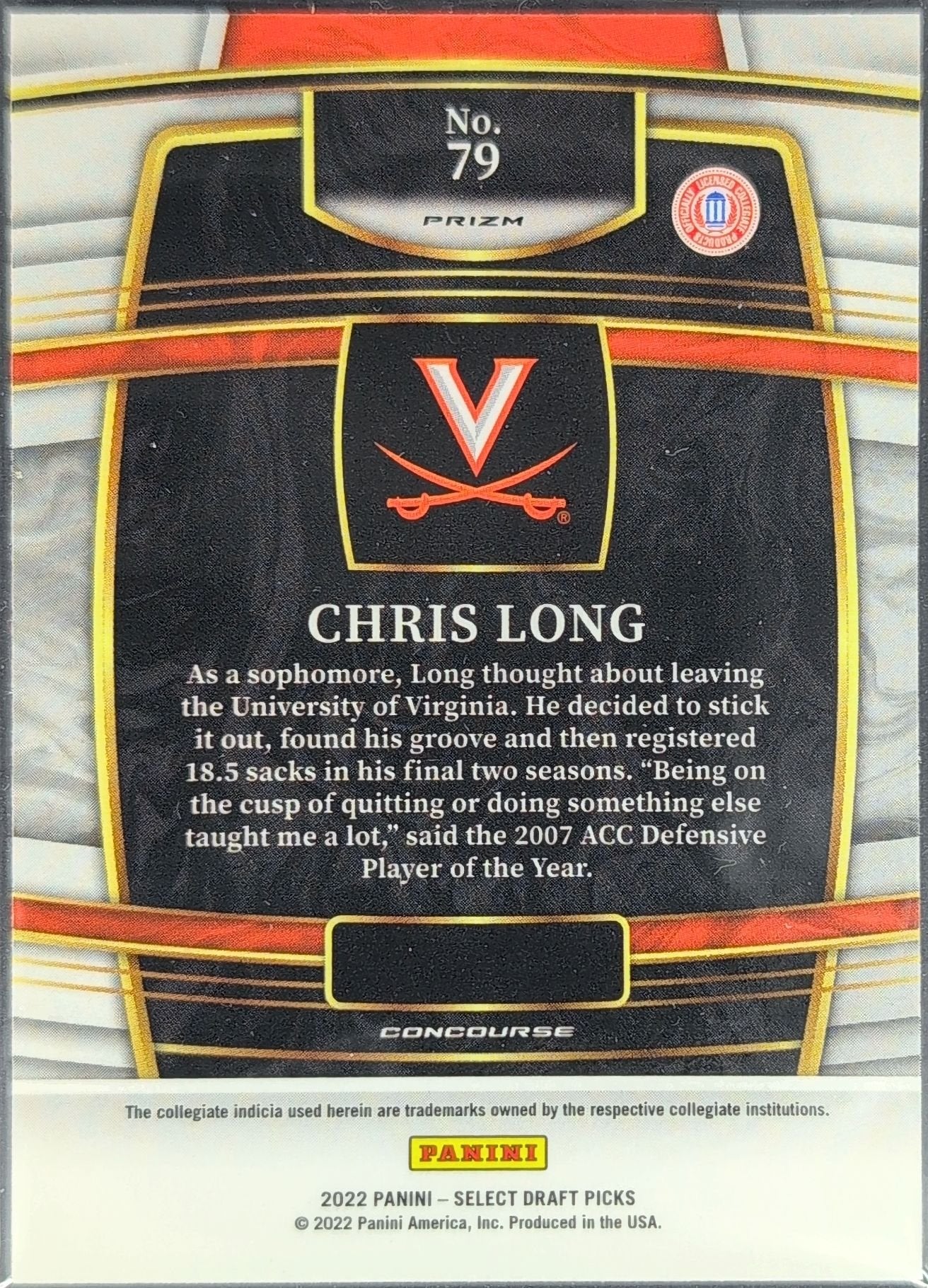 Chris Long 2022 Panini Select Draft Picks #79 Red Lazer Prizm Virginia Cavaliers - back image