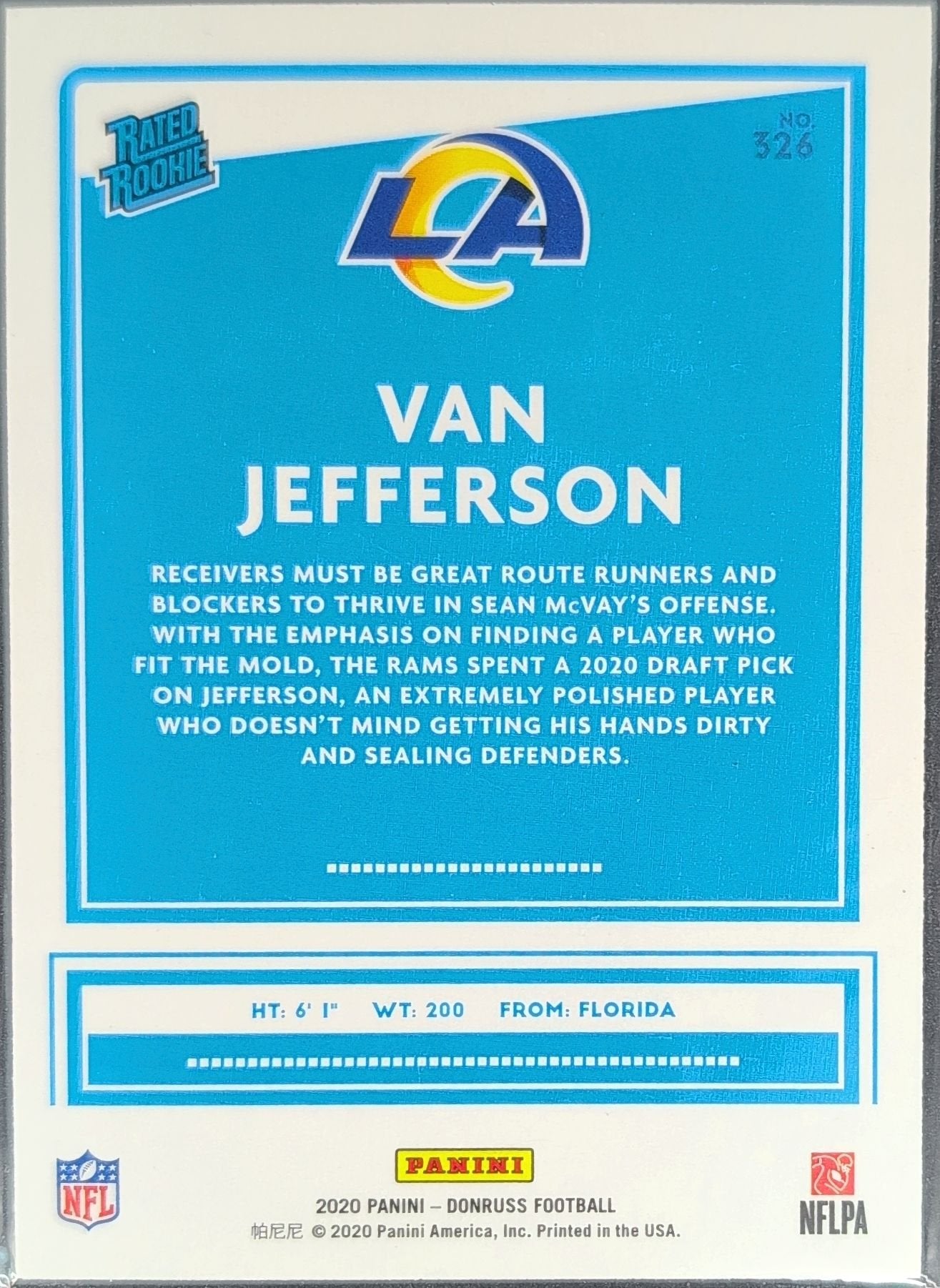 Van Jefferson 2020 Donruss #326 Press Proof Yellow Rookie RC Los Angeles Rams - back image