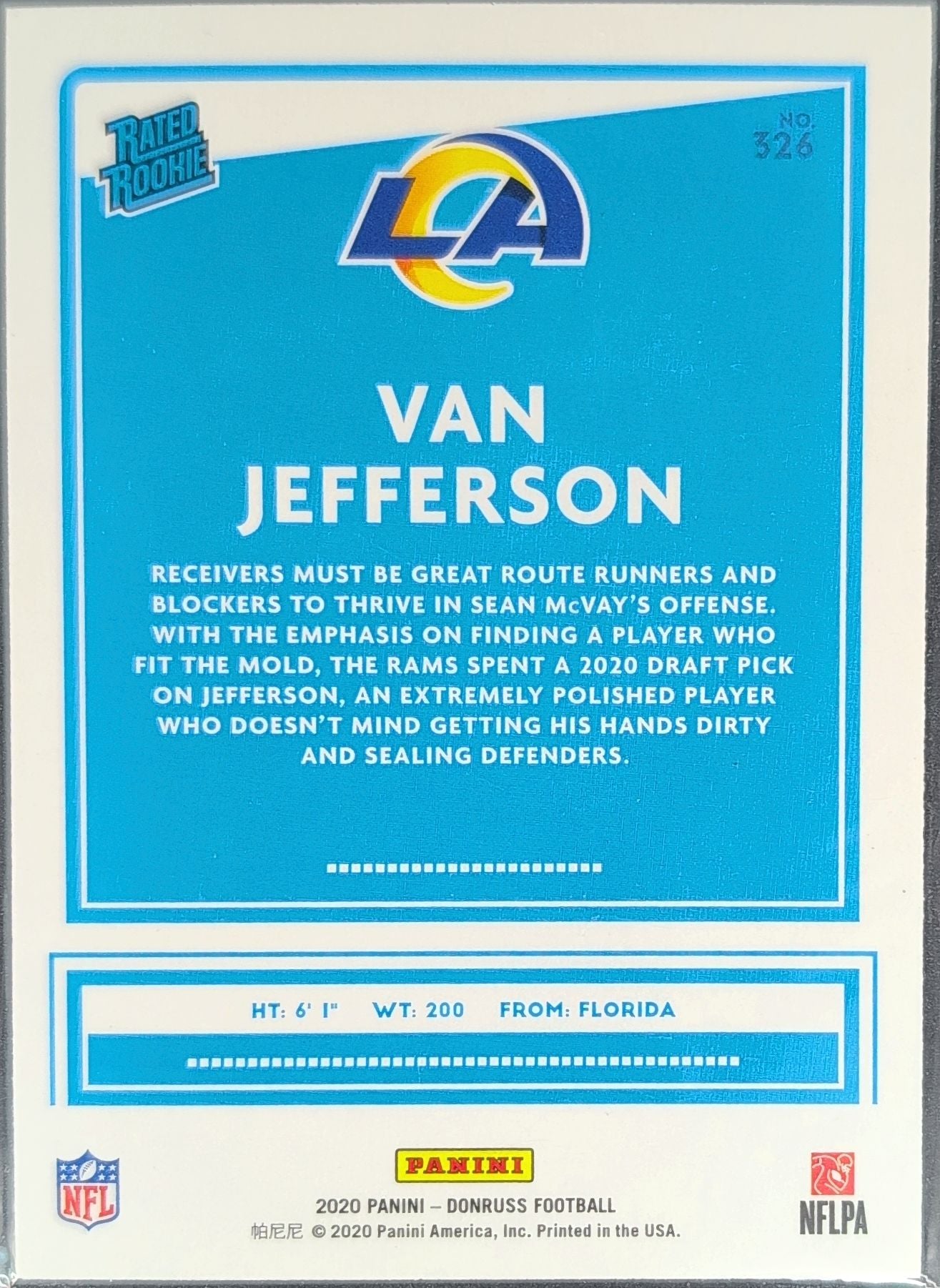 2020 Donruss Van Jefferson #326 Press Proof Yellow RC Los Angeles Rams back