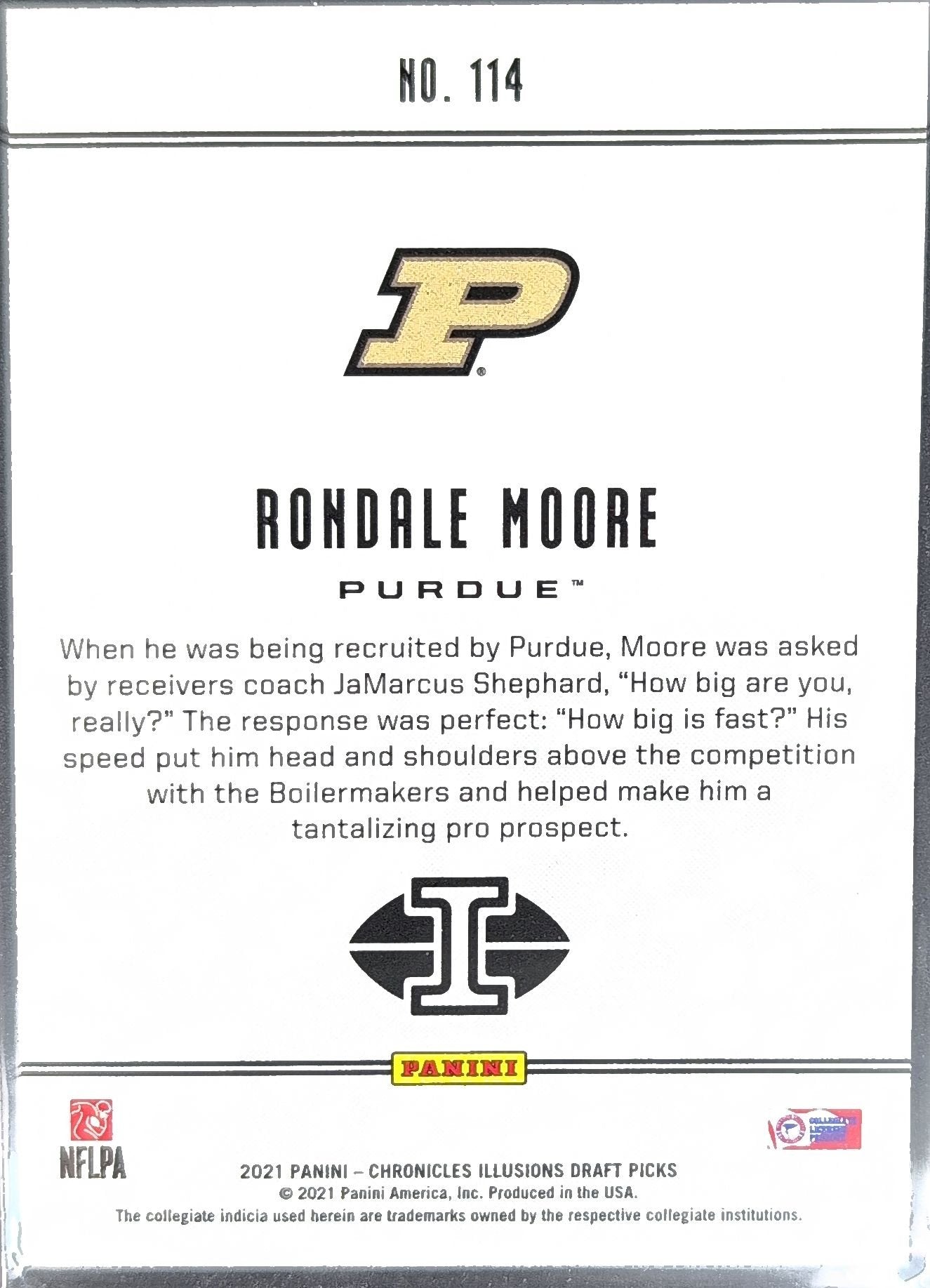 Rondale Moore 2021 Panini Chronicles Draft Picks #114 Purdue Boilermakers - back image