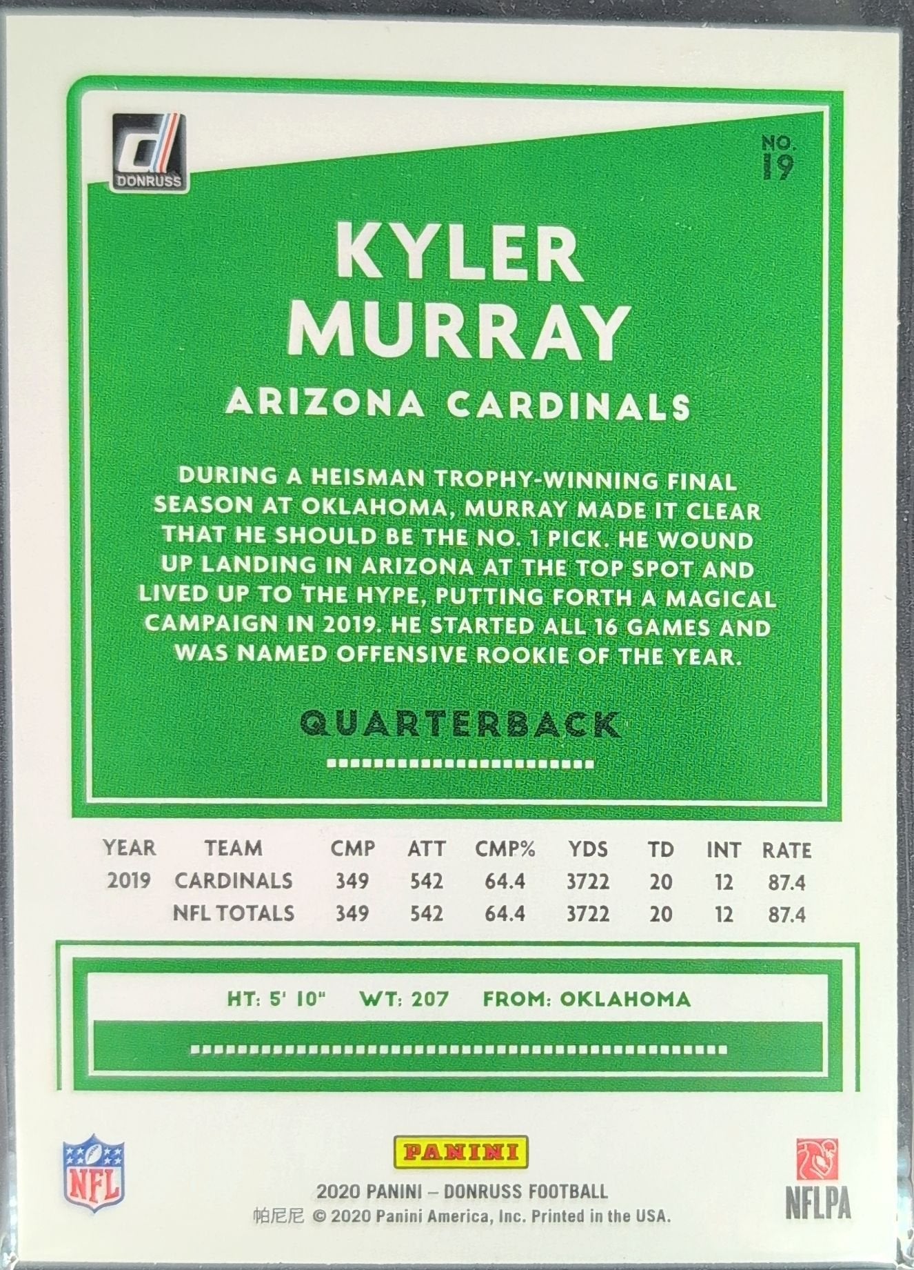 Kyler Murray 2020 Donruss #19 Press Proof Blue Arizona Cardinals - back image