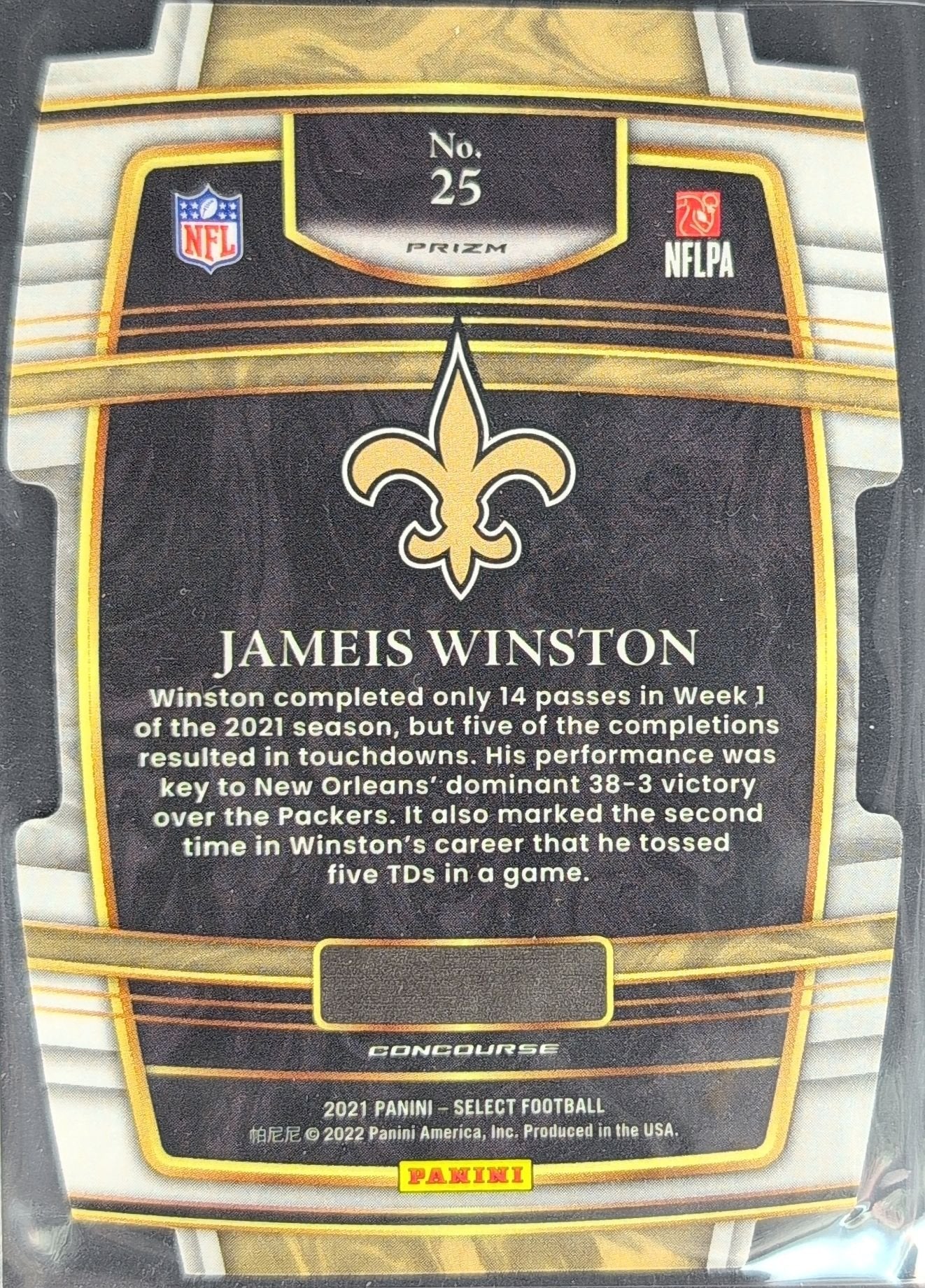 Jameis Winston 2021 Panini Select #25 Green and Yellow Prizm Die Cut New Orleans Saints - back image