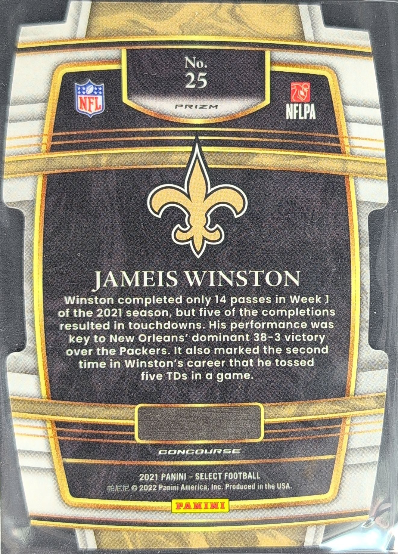 2021 Panini Select Jameis Winston #25 Green and Yellow Prizm Die Cut New Orleans Saints back