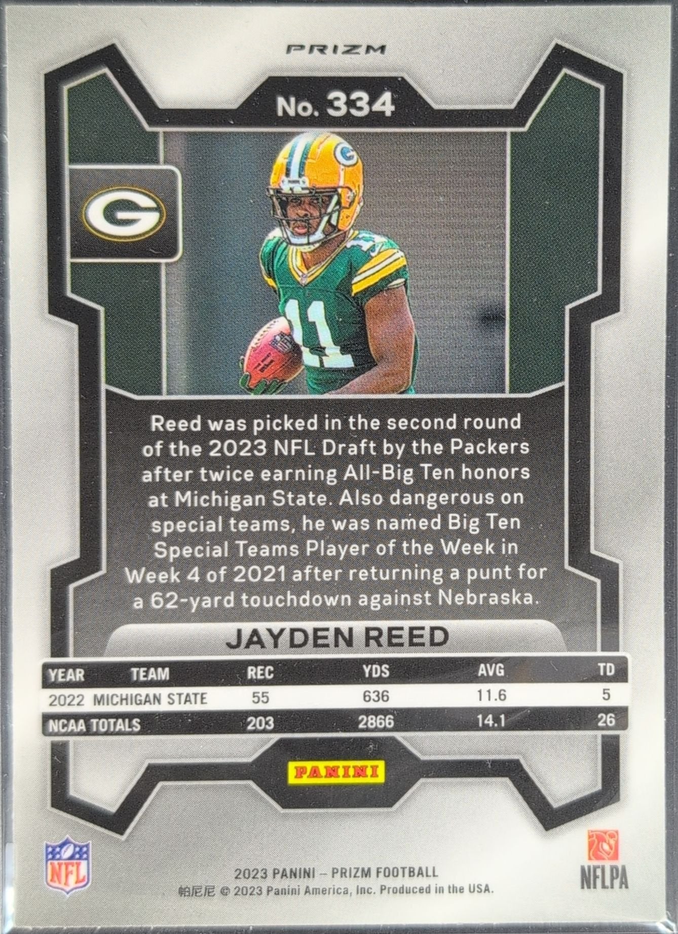 Jayden Reed 2023 Panini Prizm #334 Orange Lazer Rookie RC Green Bay Packers - back image