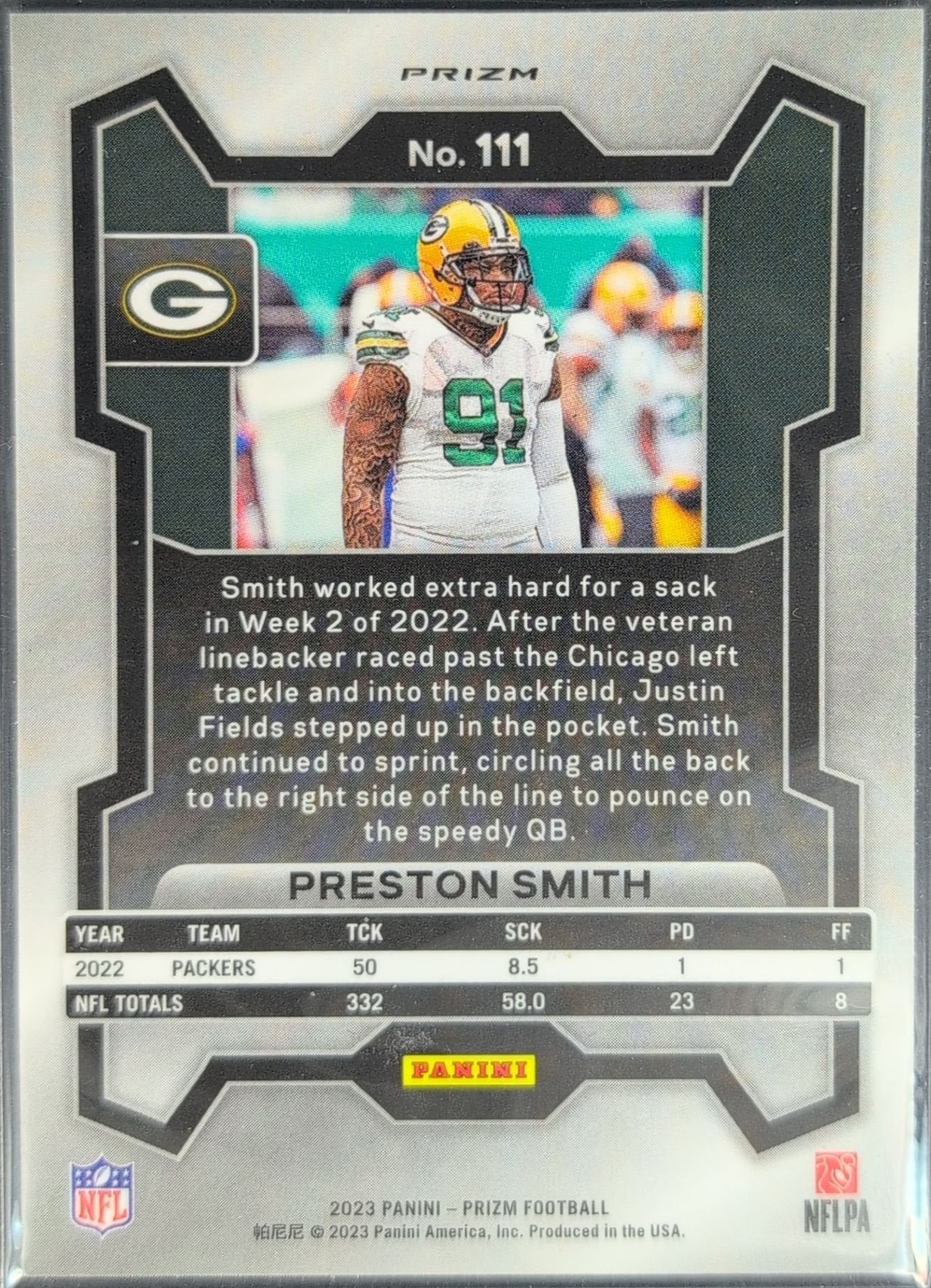 Preston Smith 2023 Panini Prizm #111 Orange Lazer Green Bay Packers - back image