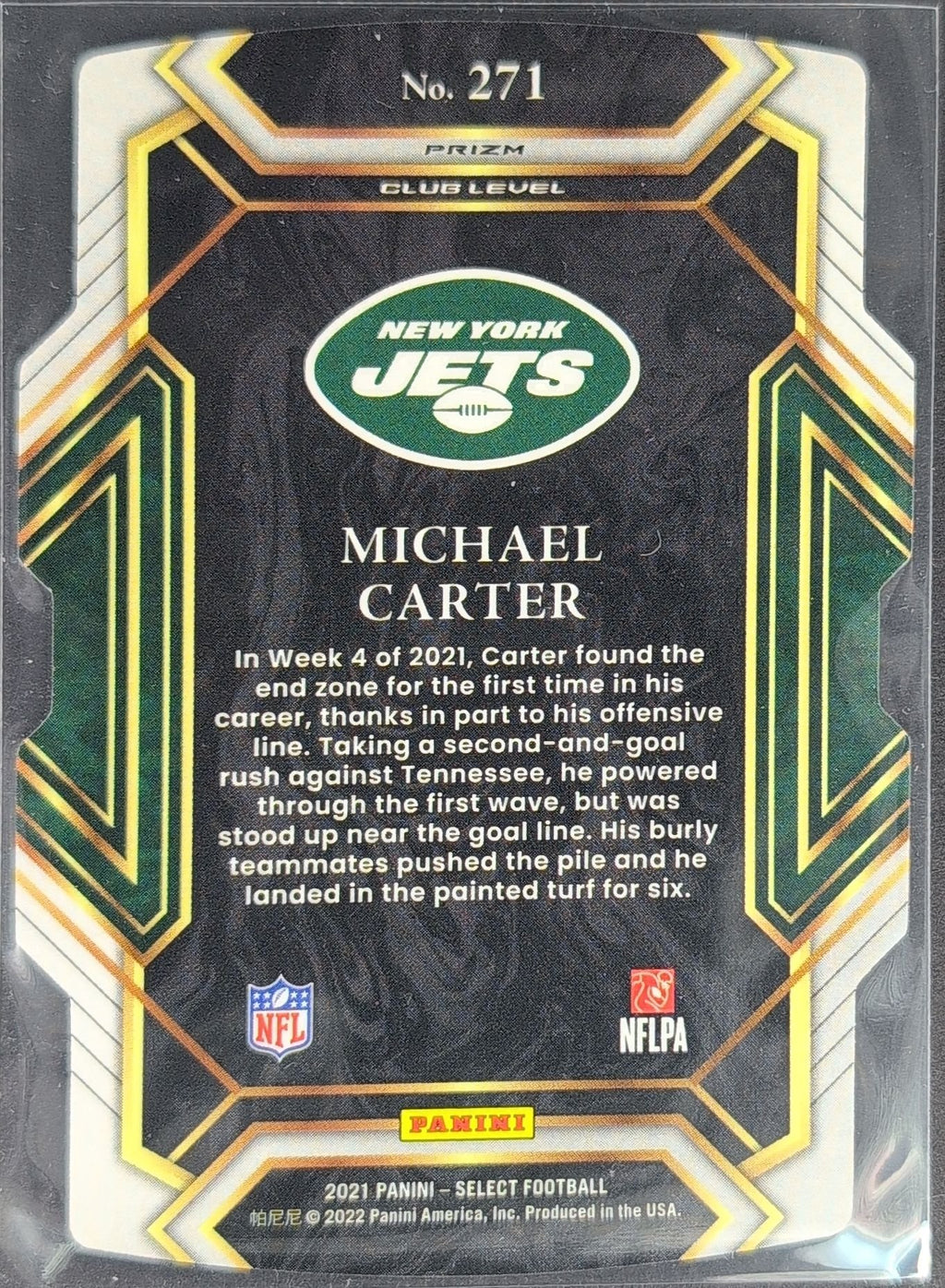 Michael Carter 2021 Panini Select #271 Green and Yellow Prizm Die Cut Rookie RC New York Jets - back image